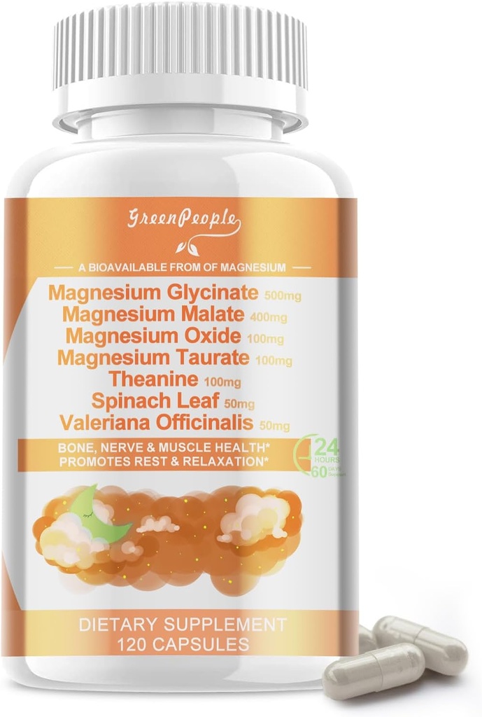 Magnesium Glycinate 500 mg por Serving, con Malate, Taurate & Oxide, Suplemento Magnesio para Muscle, Bone,Sleep y Digestion Support, 120 cápsulas Vegan, No GMO