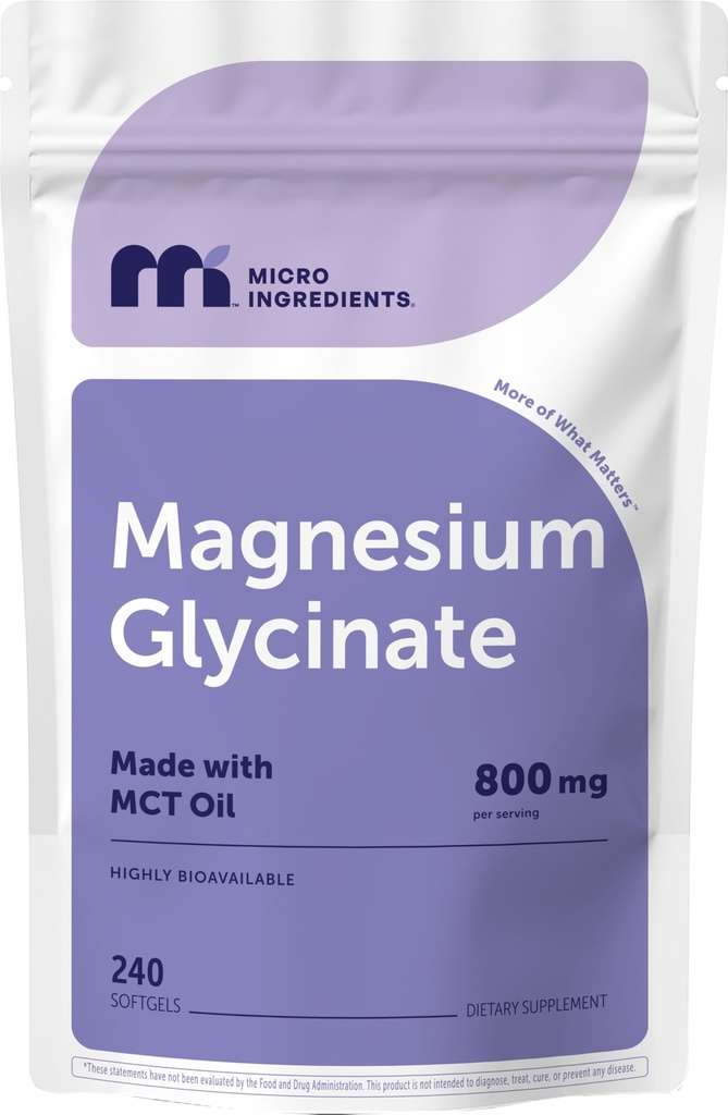 Micro Ingredients Magnesium Glycinate 800 mg Per Serving, 240 Softgels | Chelated Magnesium Supplement with MCT Oil | Non-GMO, Gluten Free, No Soy