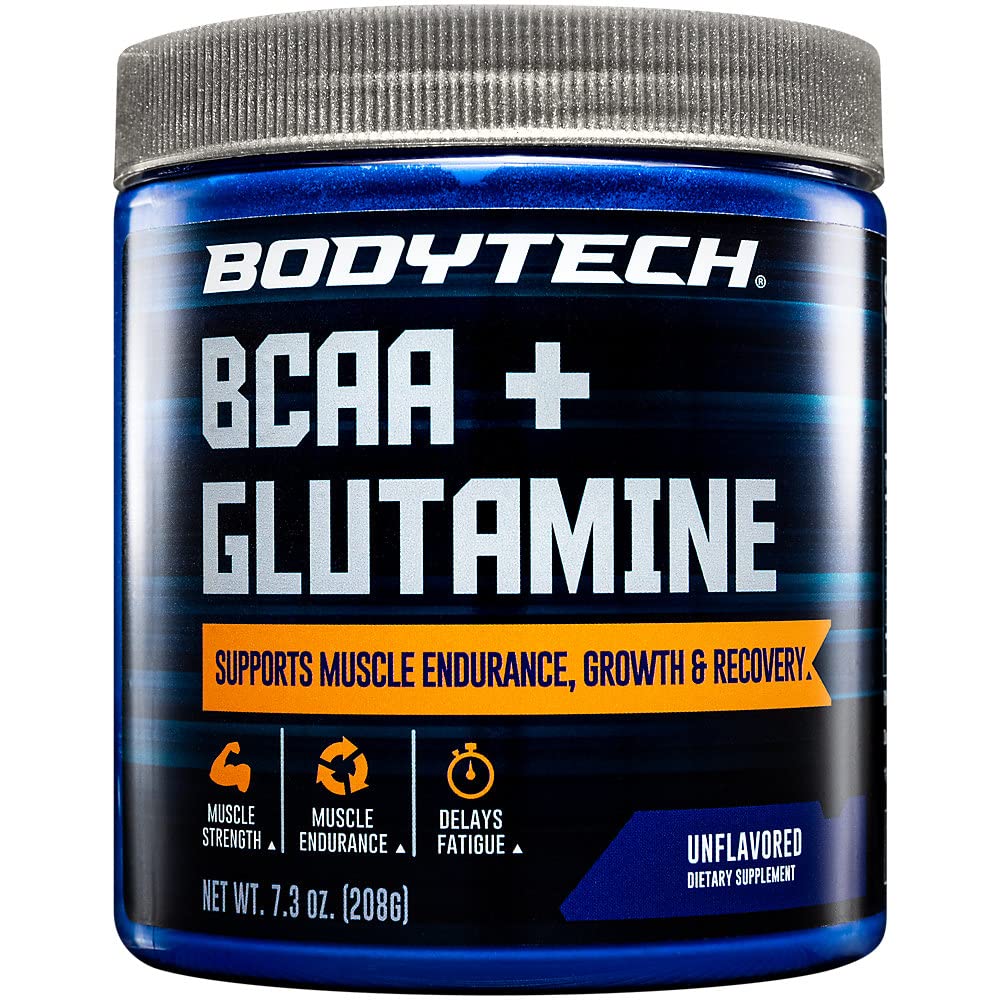 BodyTech BCAA + Glutamine Powder con vitamina C, L Glutamina &amp; Más, Essential Pre Workout o Post Workout Amino Acids for Men &amp; Women, Unflavored, 7.3 Oz, 30 Servings