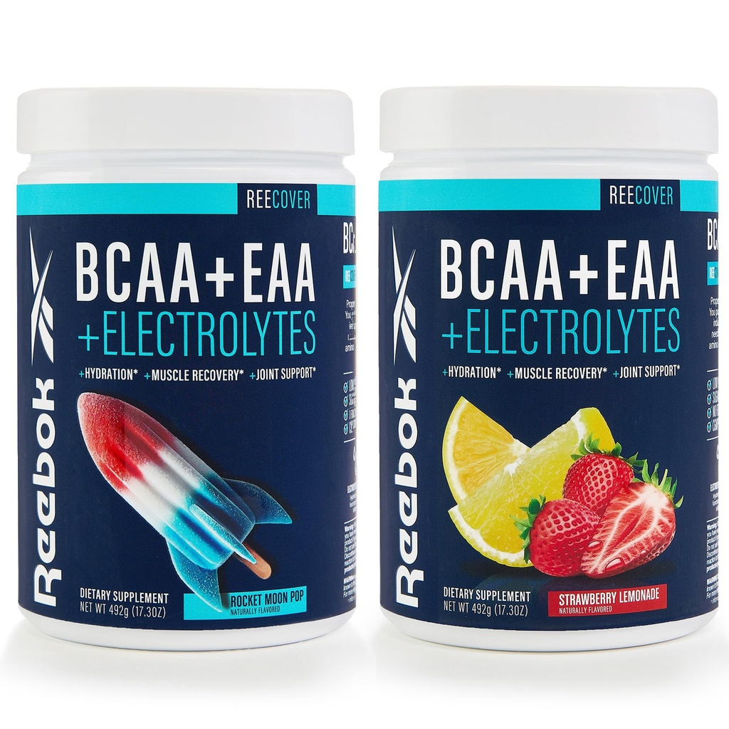 Reebok REEcover Amino Acids + Electrolytes Bundle | 8g EAAs, 5g BCAAs, Hydration Matrix | Post-Workout Support | 30 Servings | Rocket Moon Pop + Strawberry Lemonade