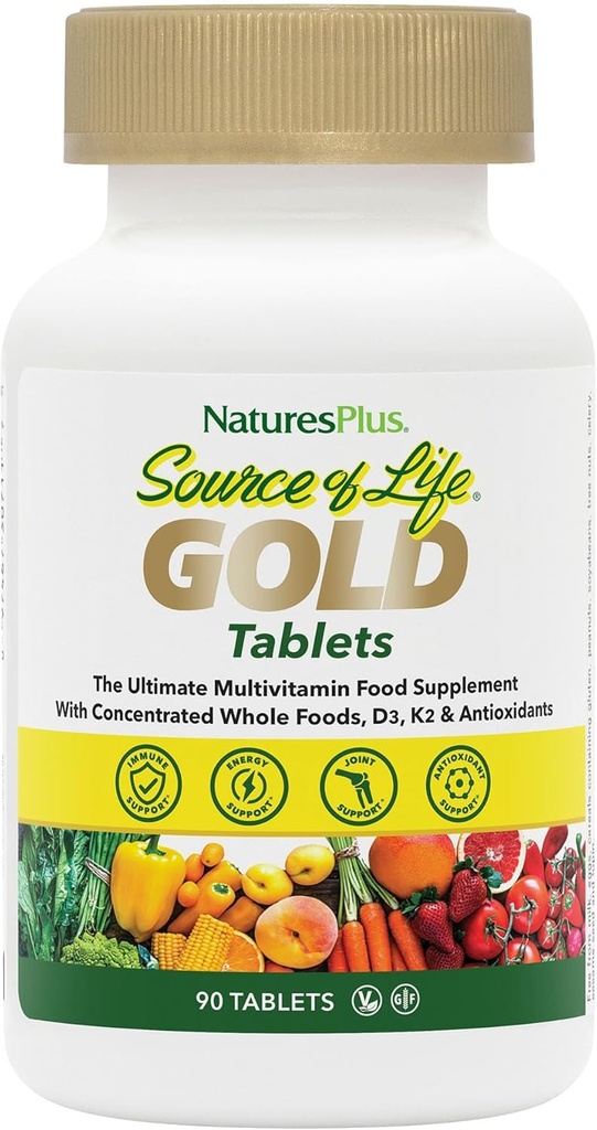 NaturesPlus Source of Life Gold Multivitamin - 90 Tablets - with Vitamins D3, B12 & K2 - Blood, Bone & Immune Support - Vegetarian & Gluten Free - 30 Servings