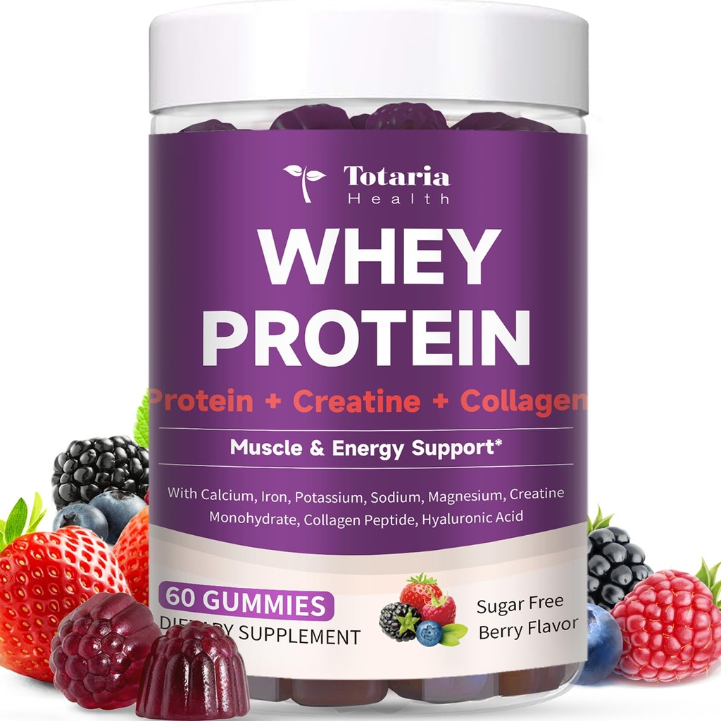 3 en 1 Whey Protein Gummies ← Creatine Monohydrate ¦ Collagen, 0 Azúcar, Fuente de proteína pura, Muscle &amp; Energy Support, Berry Flavor, para Mujeres y Hombres