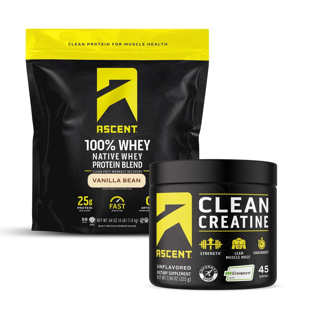 Ascent 100% Whey Protein Powder, Vanilla Bean 4 lb & Creatine Monohydrate Powder, Unflavored 45 Servings