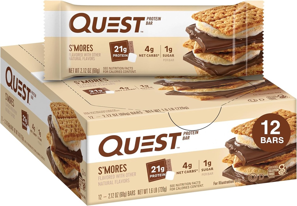 Quest Nutrition S'mores Protein Bares, 21g Protein, 1g Sugar, 4g Net Carb, Gluten Free, Keto Friendly, 12 Conde