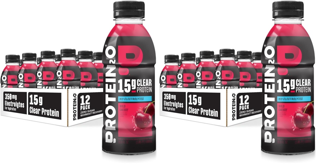 Protein2o Hydration Drink - 2-in-1 Liquid Clear Whey Protein Isolate and Electrolyte Drink - 15g Protein,Vitamins B5,B6 - Post-Workout Recovery - 16.9 Fl Oz - Wild Cherry,(Pack of 24)