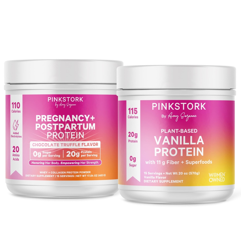 Pink Stork Pregnancy & Postpartum Protein Powders for Women, Prenatal & Breastfeeding Protein Shake Mix for Energy, Recovery & Hydration, Chocolate and Vanilla, Whey Protein and Pea Protein Bundle