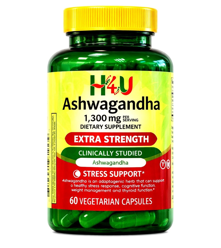 H4U Ashwagandha 1300mg Extra Strength Dietary Supplement, 60 Vegetarian Capsules (Standard 1300mg – 1 Pack)