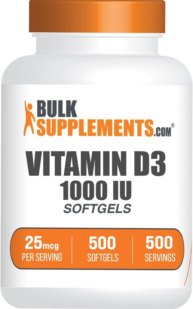 BulkSupplements.com Vitamina D3 1000IU Softgels - Cholecalciferol, D3 Suplemento, Vitamina D 1000 UI - 1 Vitamina D3 Softgel (25 mg de vitamina D) por Serving, 500 Conde (Pack of 1)