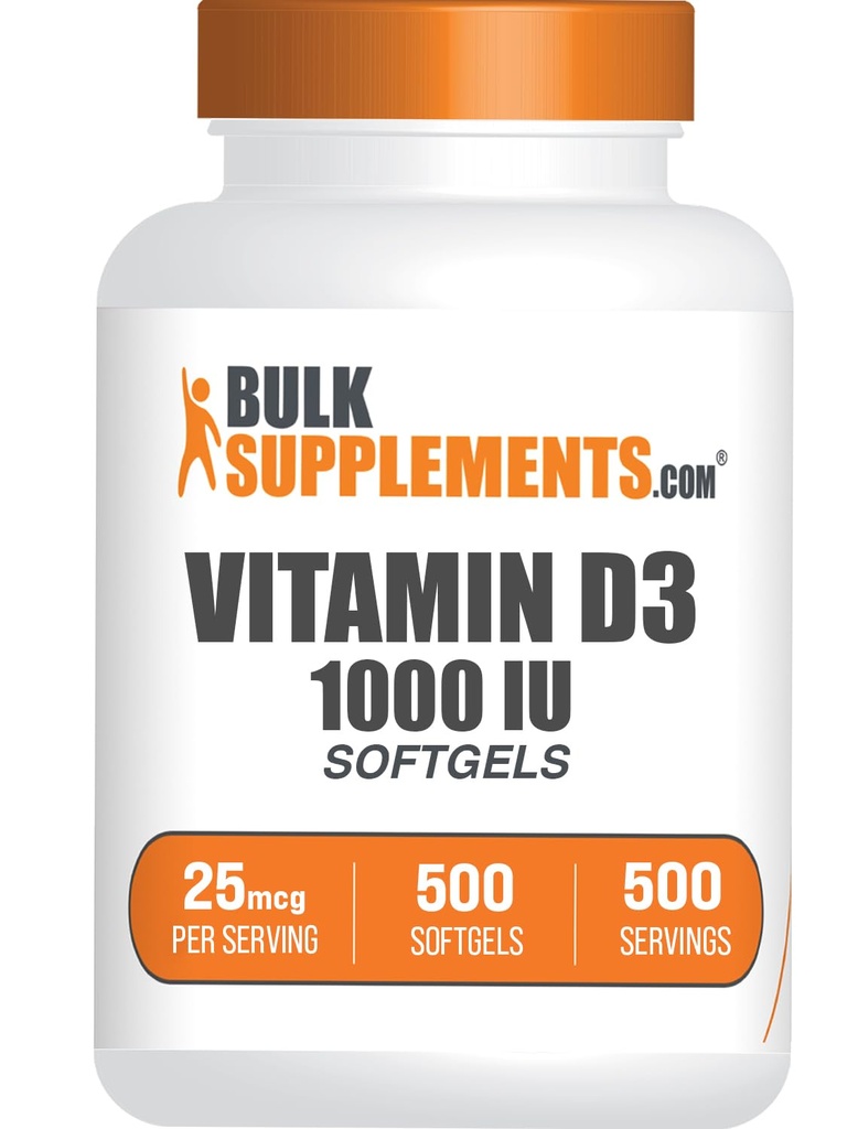 BulkSupplements.com Vitamina D3 1000IU Softgels - Cholecalciferol, D3 Suplemento, Vitamina D 1000 UI - 1 Vitamina D3 Softgel (25 mg de vitamina D) por Serving, 500 Conde (Pack of 1)