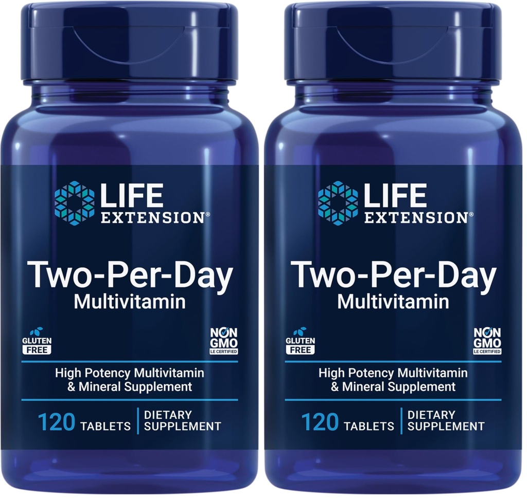 Ampliación de vida Suplemento multi-vitaminas y minerales de dos por día - Vitaminas, Minerales, Extractos de plantas, Quercetina, Folato de 5 MTHF &amp; Más - Libre de gluten - 120 Tabletas (Pack of 2)