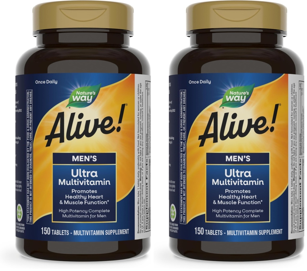 Nature's Way Alive! Men's Daily Ultra Multivitamin, High Potency Formula, Promotes Heart & Muscle Function*, with Methylated Vitamin B12, Gluten Free, 150 Tablets, (Pack of 2)