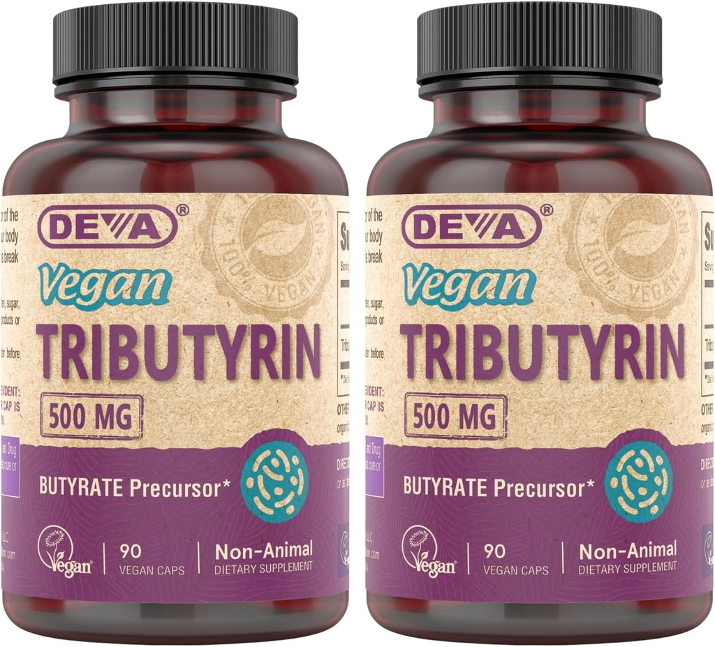 DEVA Vegan Tributyrin Suplemento - Butyrate Precursor, Gut Barrier Support, Butyric Acid, 500 MG Vegan Capsules, Leaky Gut Support, Digestion, 90 Conde (Pack of 2)