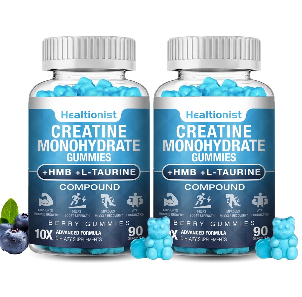 2 Pack 8000MG Creatine HMB Monohydrate Gummies for Men & Women,L-Carnitine, L-Taurine & Vitamin B6 12, 180 Blueberry Flavor Counts Supplement Gummies (60-Day Supply)