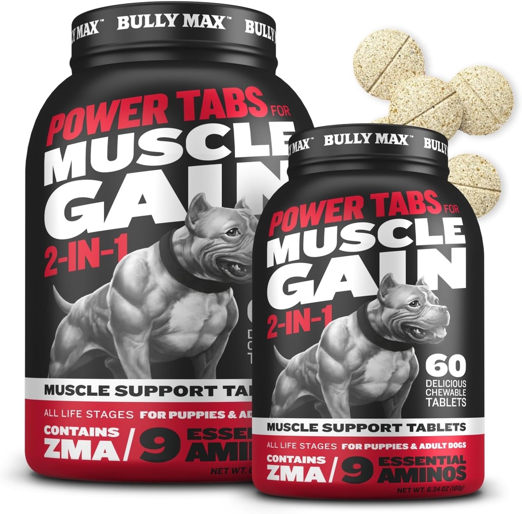 Bully Max 2-in-1 Muscle Builder Tablas para cachorros " Perros adultos - Vitaminas de perros " Suplementos para la ganancia muscular " Crecimiento - Canine Puppy Multivitamins for All Breeds " Edades - 60 Tabs (2 Botellas)
