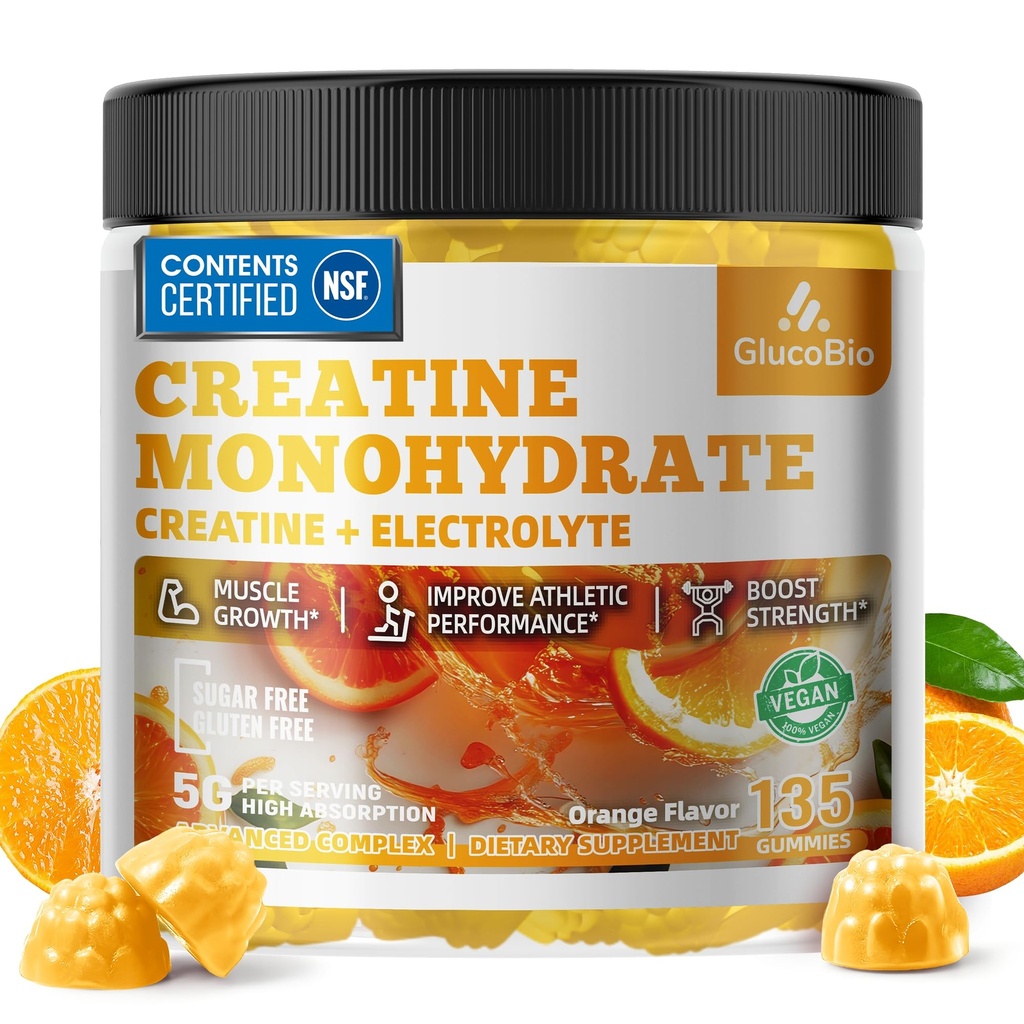 Creatine Monohydrate Gummies (5g) – Pre-Workout Energy & Muscle Growth Support for Men & Women | Orange Electrolyte Gummies (135 Count)