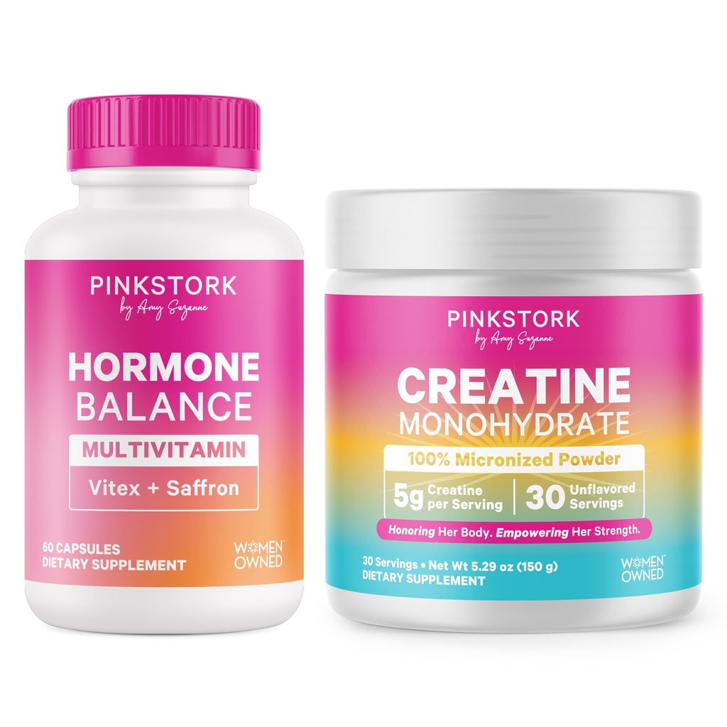 Pink Stork Hormone & Muscle Health Bundle | Multivitamin with Vitex, B Vitamins, Magnesium & Creatine Monohydrate Powder | Energy, Muscle, Mood, & Cognitive Health for Women
