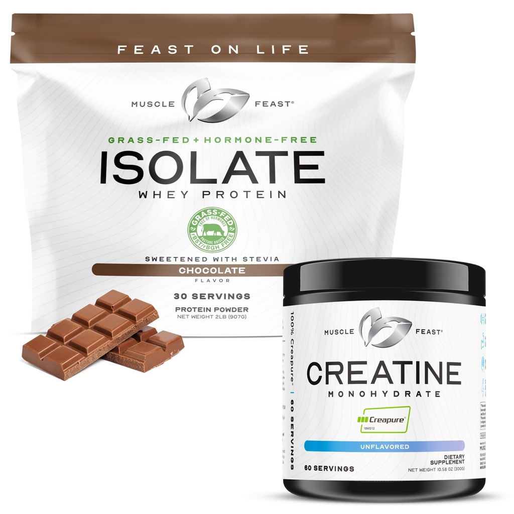 Muscle Feast Isolate + Creatine Bundle: 1 Whey Protein Isolate (Chocolate, 2lb) + 1 Creatine Powder (Unflavored, 300g) | Premium Supplements, Vegetarian, Gluten Free