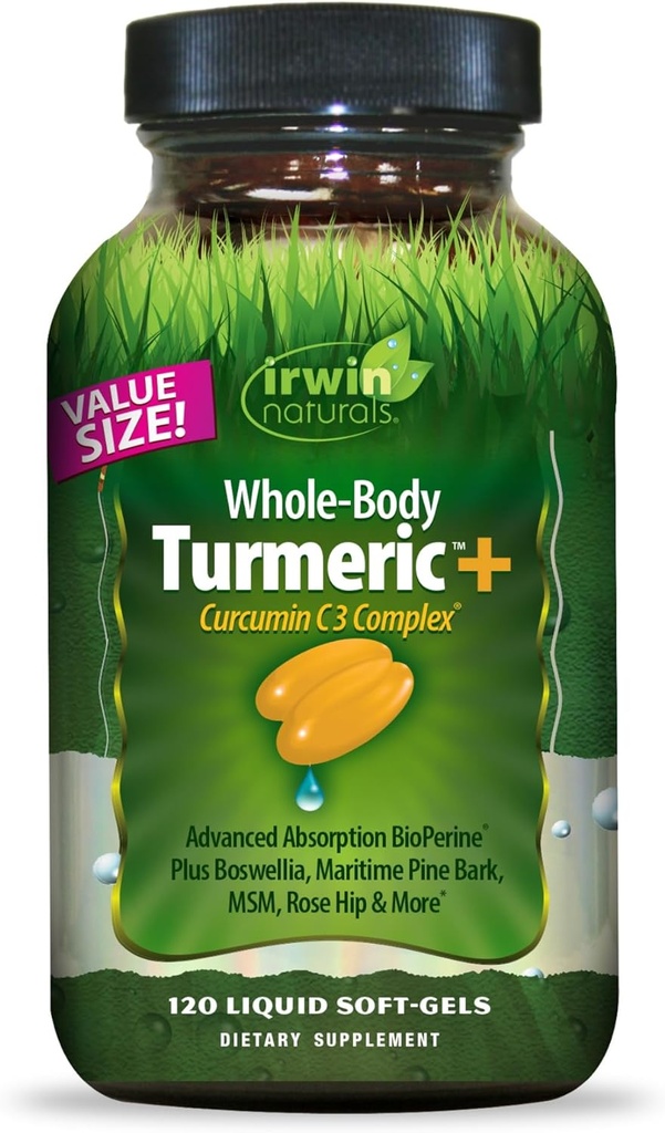 Irwin Naturals Turmeric de todo tipo + Complejo de Curcumin C3 - 120 Líquidos Soft-Gels - con Boswellia, Barco de pino marítimo, MSM & Rose Hip