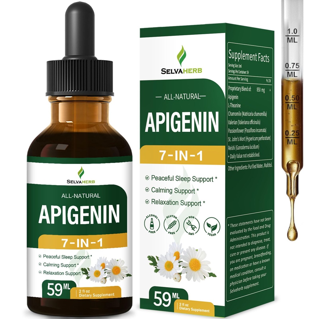 Apigenin Supplements for Sleep, 7-in-1 Formula Drops w/Chamomile Extract & L-Theanine for Calming & Relaxation Support, Fast Apsorption Liquid w/Valerian Root & Passion Flower. 2oz