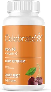 Celebrar vitaminas Suplemento de hierro con vitamina C - 45 mg de hierro, vitamina C de 60 mg, vitaminas barátricas para pacientes de WLS, embrague vertical " Cirugía de derivación gástrica - uva, 90 tabletas chewable