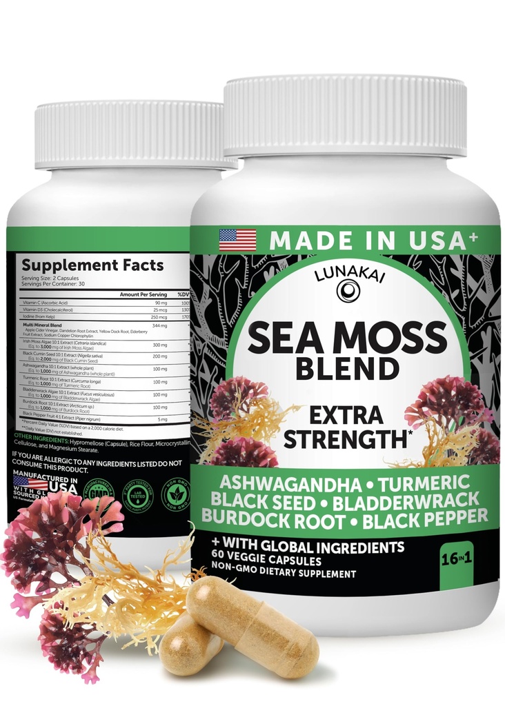 Lunakai USA Made Irish Sea Moss Capsules with Black Seed Oil, Ashwagandha, Burdock Root & Bladderwrack, 60ct