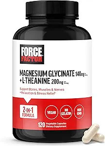 Factor de fuerza Magnesium + L-Theanine, Magnesium Bisglycinate Suplemento de soporte de huesos, músculos, nervios, relajación y mood, Vegan, No Gelatin, No GMO, 120 cápsulas vegetales