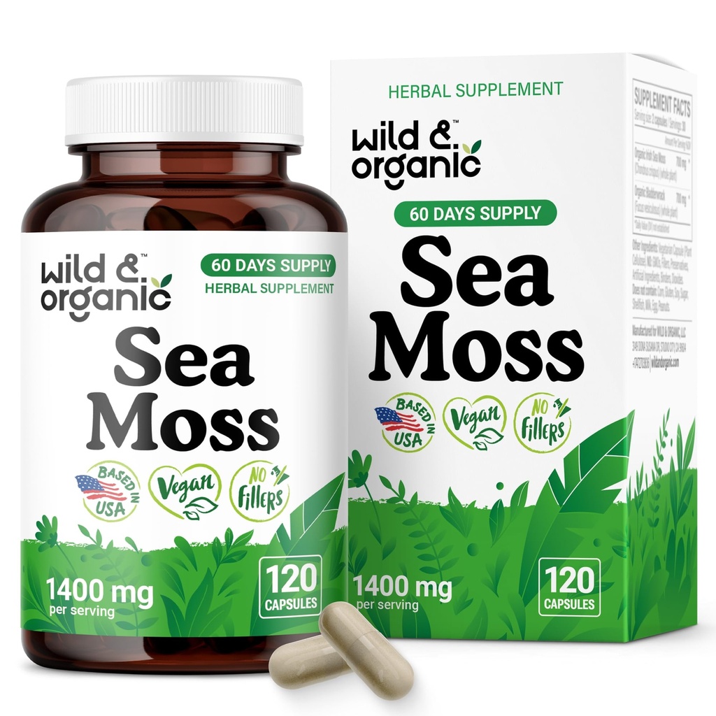 Wild & Organic Sea Moss Capsules - Overall Support - Irish Sea Moss Complex with Bladderwrack Powder Supplement - Chondrus Crispus - Vegan, No Fillers, Non-GMO - 120 Count