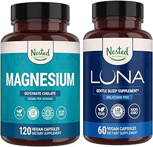 Naturales anidados Luna Melatonin-Free Sleep Aid &amp; Magnesium Glycinate Chelate for Improved Sleep, Relaxation, " Recovery (180 capsules)