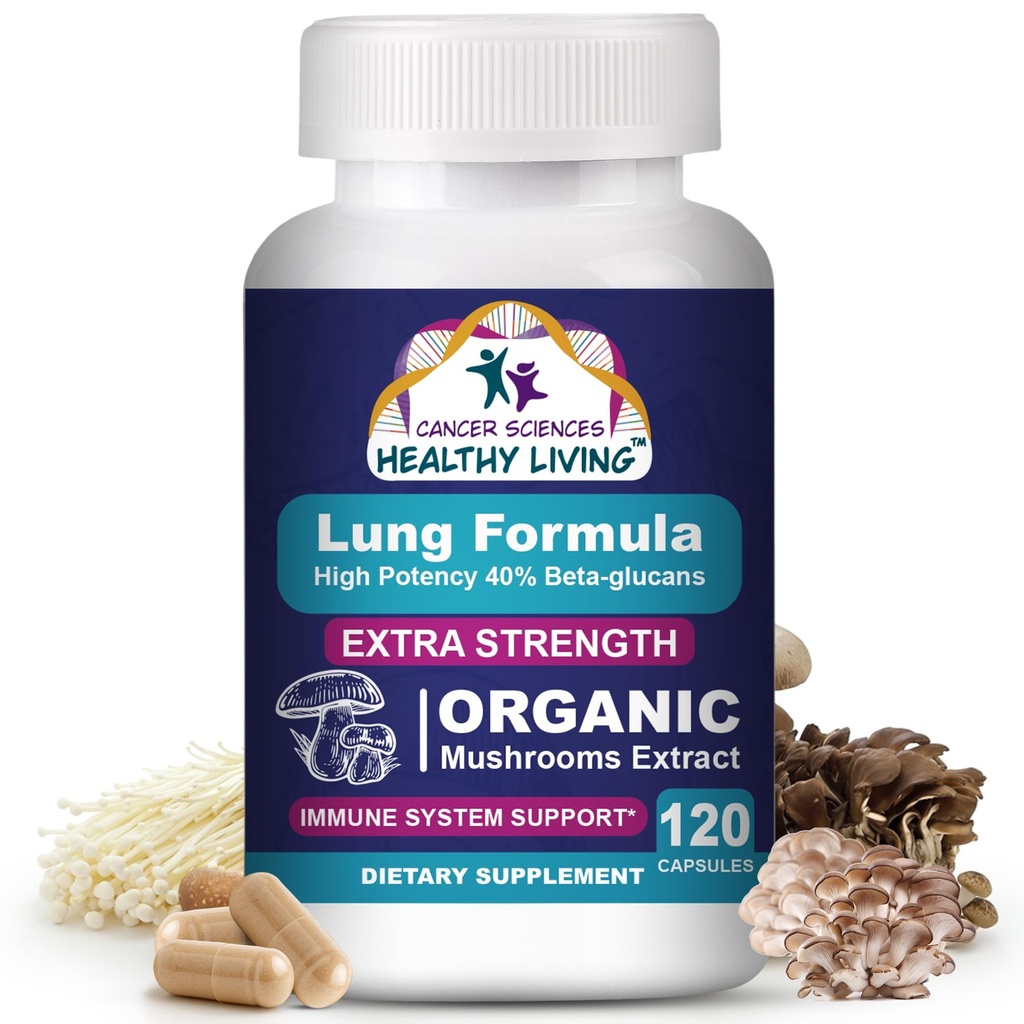 CANCER SCIENCES Lung Health & Wellness Supplement, USDA Certified Organic Mushrooms Extract, 1,500 mg Extra Strength, High Potency 40% Beta-Glucans, Immune Support, Healthy Lungs Booster, 120 Capsules