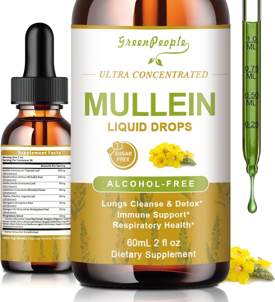 GREENPEOPLE Mullein Drops for Lungs " Lymphatic Drainage - 13-in-1 Botanical Blend w/Marshmallow Root, Elderberry, Oregano for Respiratory Support - Lung Detox for Smokers - Alcohol-Free, 2 fl