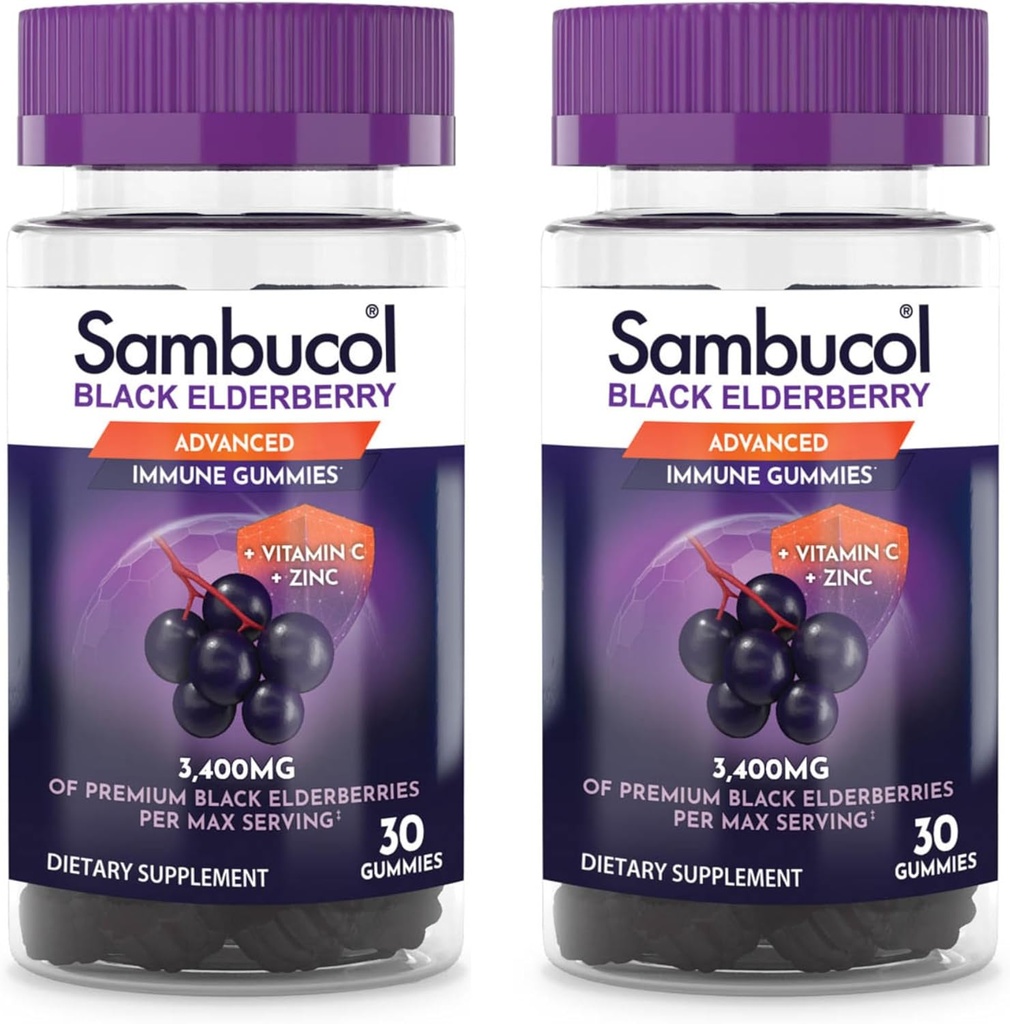Sambucol Mangas de arándano negro con vitamina C & Zinc - Sambucus Gummies de arándano para soporte inmunitario, Altas Antioxidantes, Gluten Gratis, Vegan, Elderberry con zinc &amp; vitamina C - 30 Conde, 2 Pack