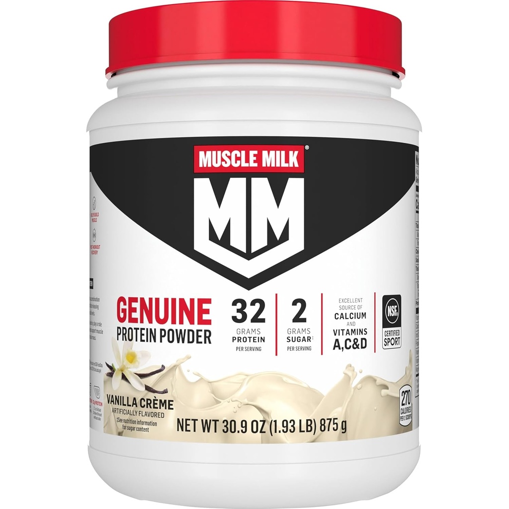 Muscle Milk Genuine Protein Powder, Vanilla Crème, 1.93 Pounds, 12 Servings, 32g Protein, 2g Sugar, Calcium, Vitamins A, C & D, NSF Certified for Sport, Energizing Snack, Packaging May Vary