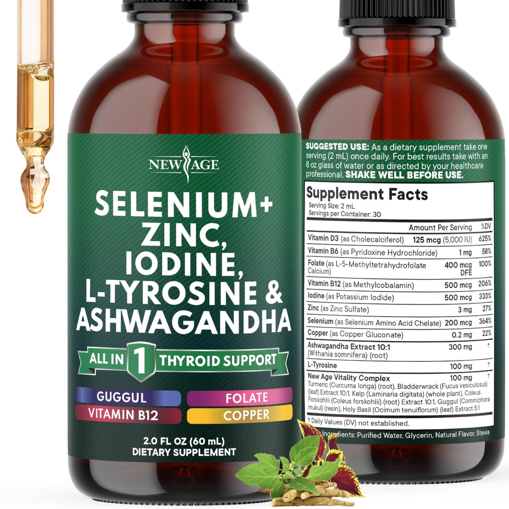 Thyroid Support Drops - Selenium, Zinc, Iodine, L Tyrosine, Ashwagandha, Turmeric, Schisandra Guggu, Cayenne, Basil - Liquid Supplement Folate Copper Alcohol -Free, Vegan, Non-GMO – 2 oz