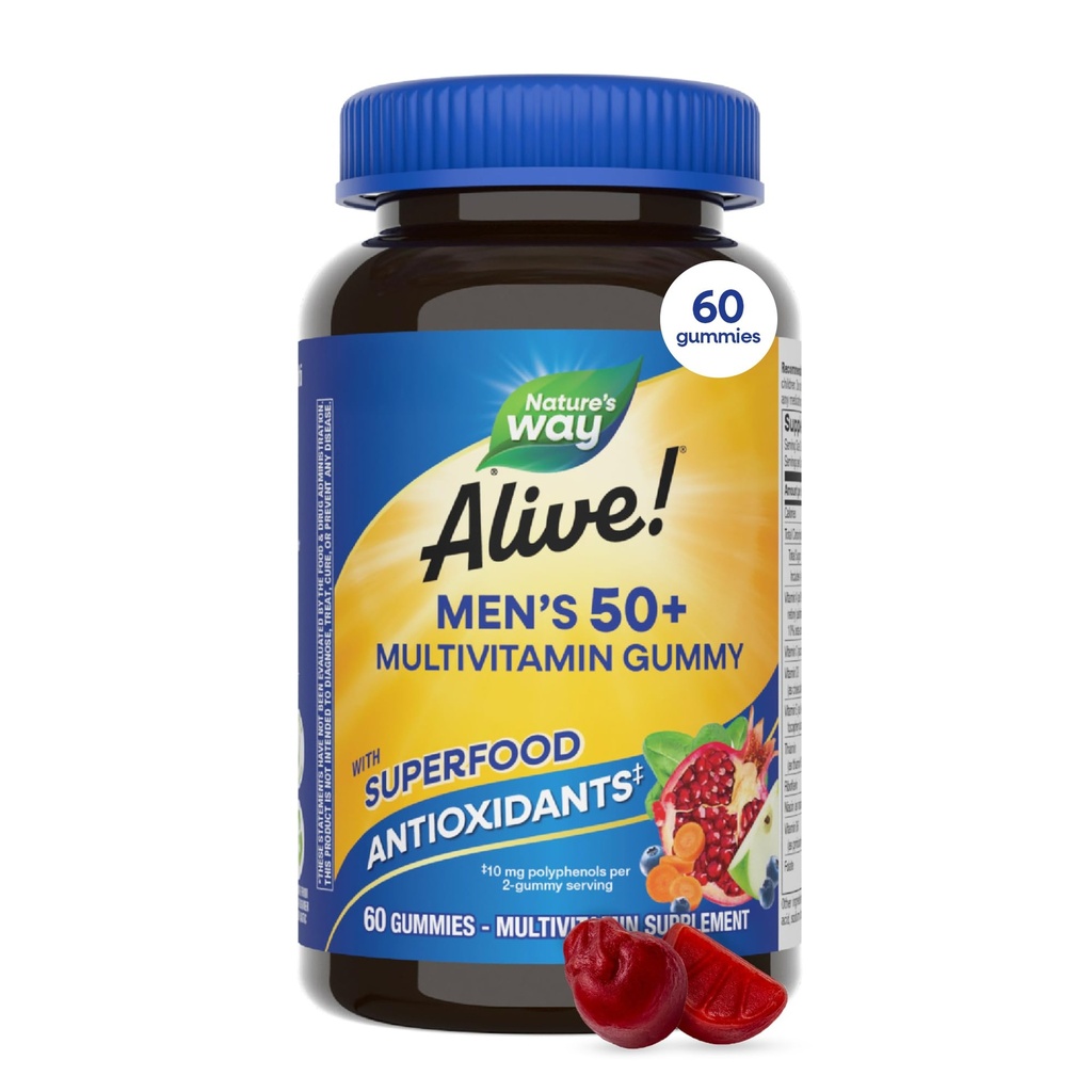 ¡La naturaleza está viva! Multivitaminas de goma diaria de los hombres 50+, soporta cerebro saludable, ojos, corazón*, vitaminas B, libre de gluten, vegetariano, sabor a frutas, 60 gomitas (paquete mayo Vary)