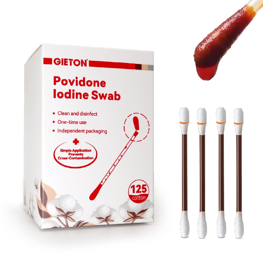 Povidone Iodine Swabs (125-Count), Iodine Swabsticks，Iodine Cotton swabs, Wound Care, First Aid Kits, Nasal & Ear Gentle Care and Emergency Care for The Whole Family.