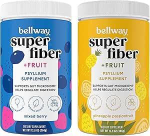 Bellway Super Fiber Powder + Fruta, Azúcar Psyllium Orgánica Libre Suplemento de fibra de polvo para regularidad, Alivio de Bloating & Gut Health, Non-GMO, Berry mixed & Pineapple Fruit