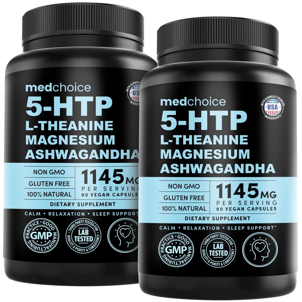 15-in-1 Mood Support Supplement - 5HTP 200mg Capsules with L-Theanine, Magnesium, Ashwagandha, GABA Supplements, 5 HTP Supplements with St. John's Wort and L-Tryptophan - 1145mg (90 Count, Pack of 2)