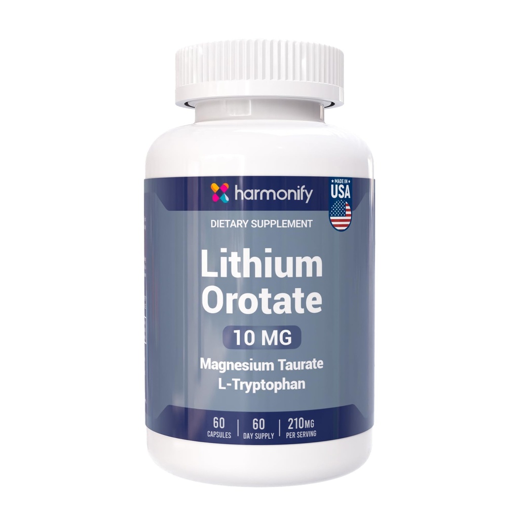 Lithium Orotate 10mg with Magnesium Taurate & L-Tryptophan – Non-GMO, Gluten-Free, Vegan Friendly Lithium Supplement for Wellness – 60 Capsules