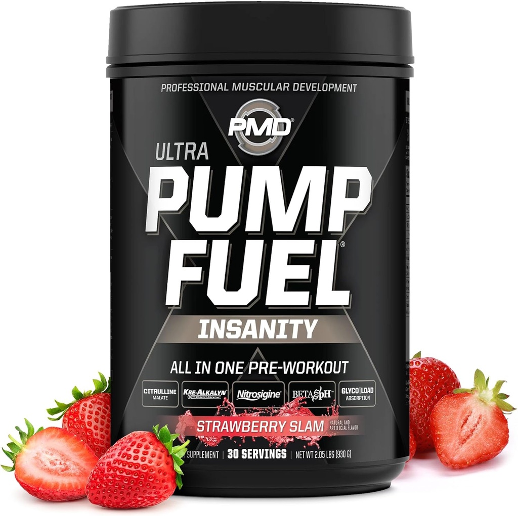 PMD Sports Pump Fuel Ultra Insanity - Premium Pre Workout Powder &amp; Muscle Pump, Greater Focus, Endurance & Recovery, Premium Creatine, Arginine & Beta Alanine - Strawberry Slam (30 Servings)
