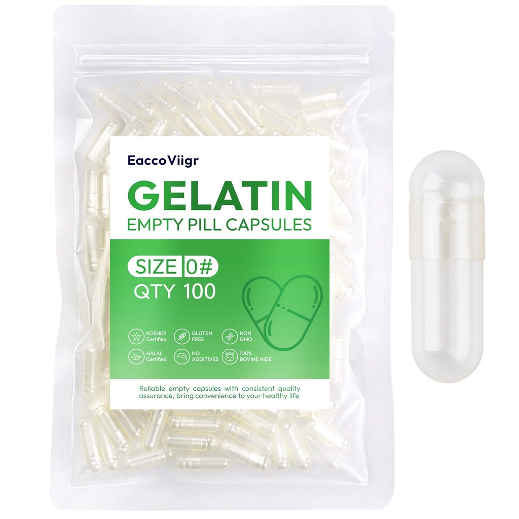 Size 0 Gelatin Empty Capsules - 100 Count Clear Empty Pill Capsules, Fillable Empty Gel Capsule for Homemade Vitamins & Powders, Easy for DIY Supplements