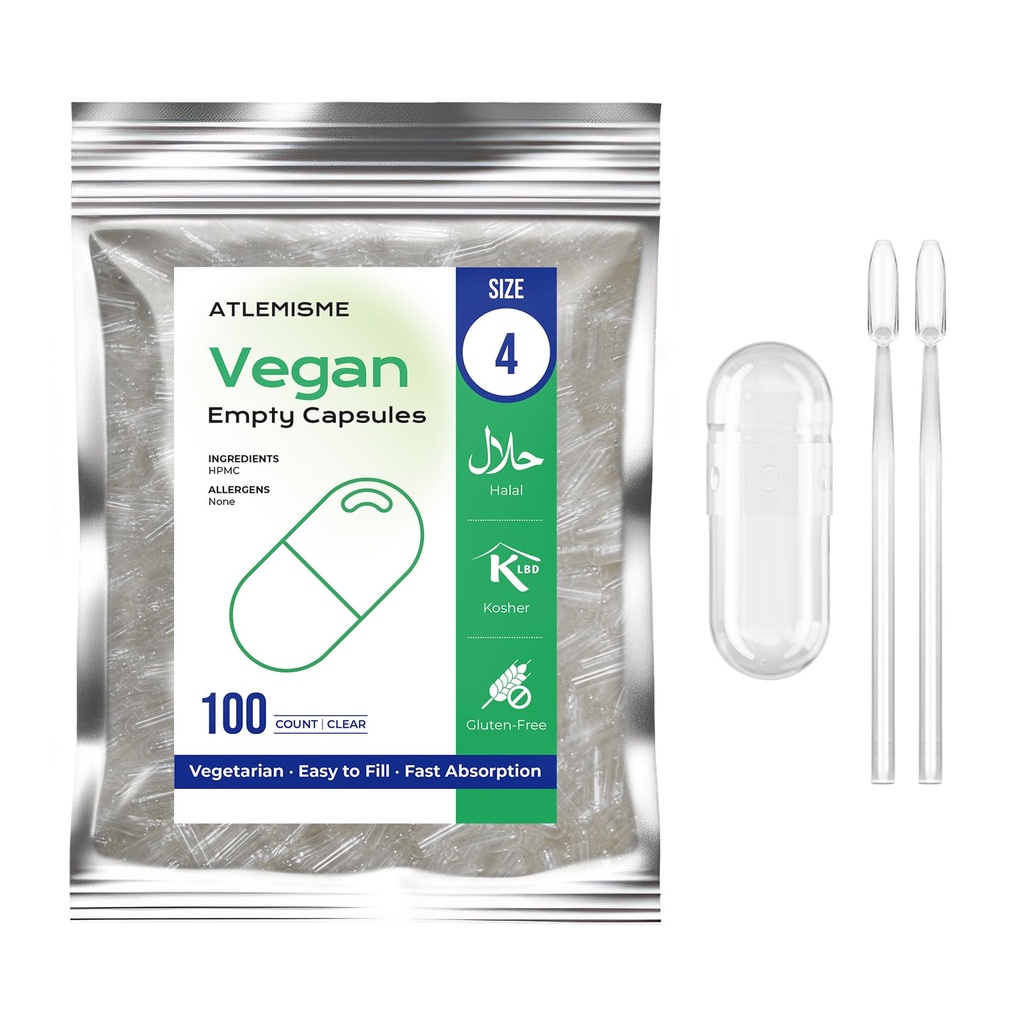 Empty Vegan Capsules Size 4 - Vegan Capsules DIY Vegetable Capsule Filling - Veggie Caps with 2 Micro Lab Spoons for Capsule Filling