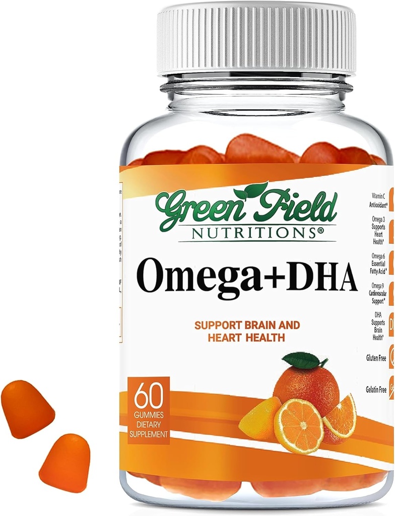 Greenfield Nutritions Halal Omega 3 Chewable Gummies with DHA for Adults - 60 Gummy Halal Vitaminas, Supports Brain, Heart and Immune System - Vegan, Non-GMO Gluten-Free Gelatin-Free