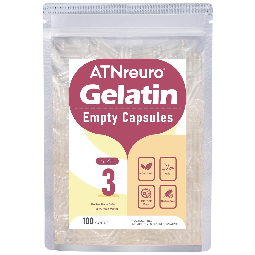 ATNreuro Empty Gelatine Capsules Size 3-Clear Empty Capsules 100 Count, Fillable Pill Small Gel Caps DIY Gelatine Capsule 3