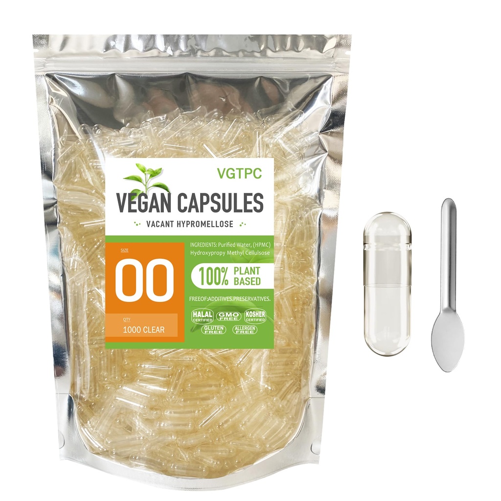 Veggie Capsules Empty Size 00 Clear Vegan 1000 Count Empty Capsules Vegetable 00 Pill for DIY Supplement Filling