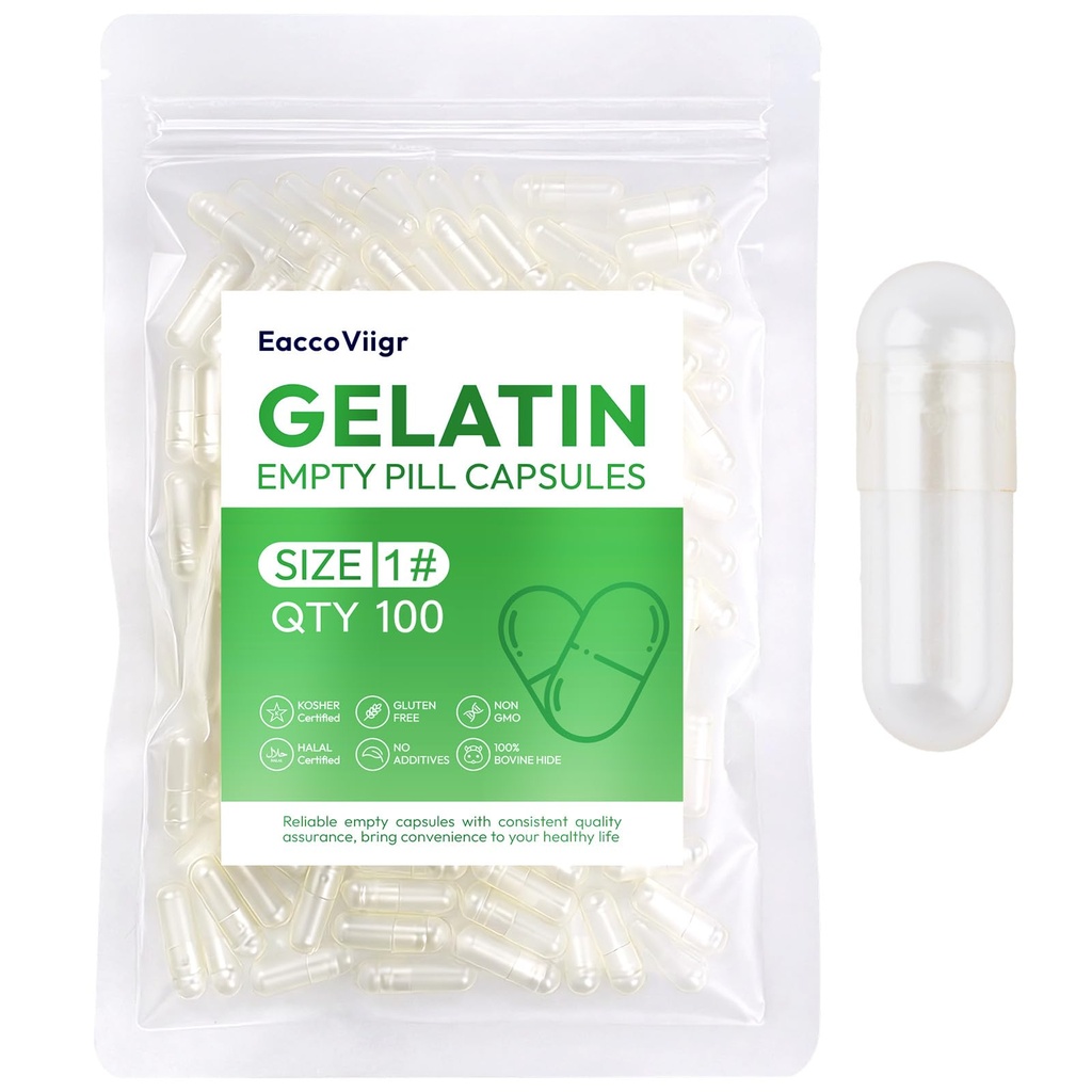 Size 1 Gelatin Empty Capsules - 100 Count Clear Empty Pill Capsules, Fillable Empty Gel Capsule for Homemade Vitamins & Powders, Easy for DIY Supplements