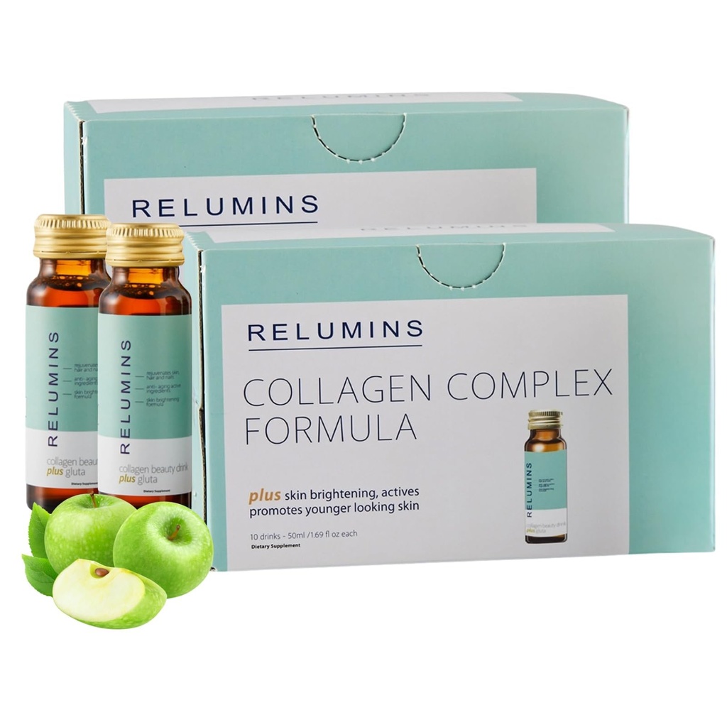 Relumins World's Most Advanced Collagen Drink - 10,000mg w/Glutathione & Antioxidants | USA's No.1 Liquid Collagen, Anti-Aging, Ultimate Gift for Moms| Apple Flavor | Made in USA - 20 Bottles