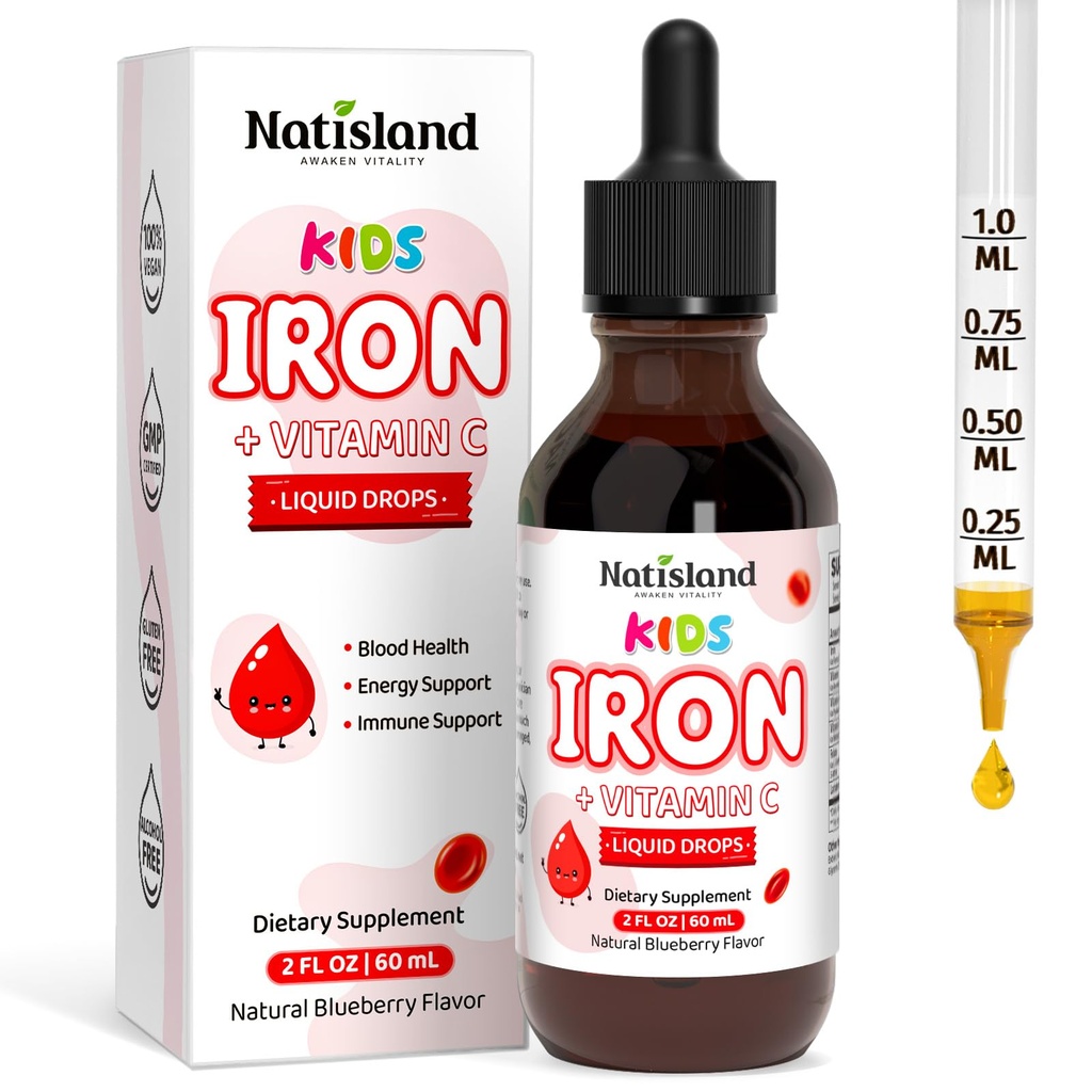 Liposomal Liquid Iron for Kids, Iron Supplements for Kids with Vitamin C & Lactoferrin for Healthy Iron Levels, Energy & Blood Health, Vegan, Alcohol-Free, Blueberry Flavor, 2 FL OZ