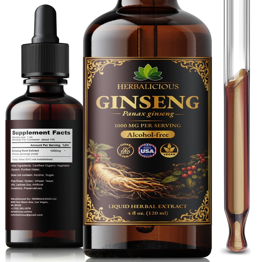 HERBALICIOUS Ginseng Extract Liquid 1000mg – Panax Ginseng Liquid Drops | Alcohol-Free Ginseng Tincture | Vegan, Non-GMO Herbal Supplement | 4 fl oz