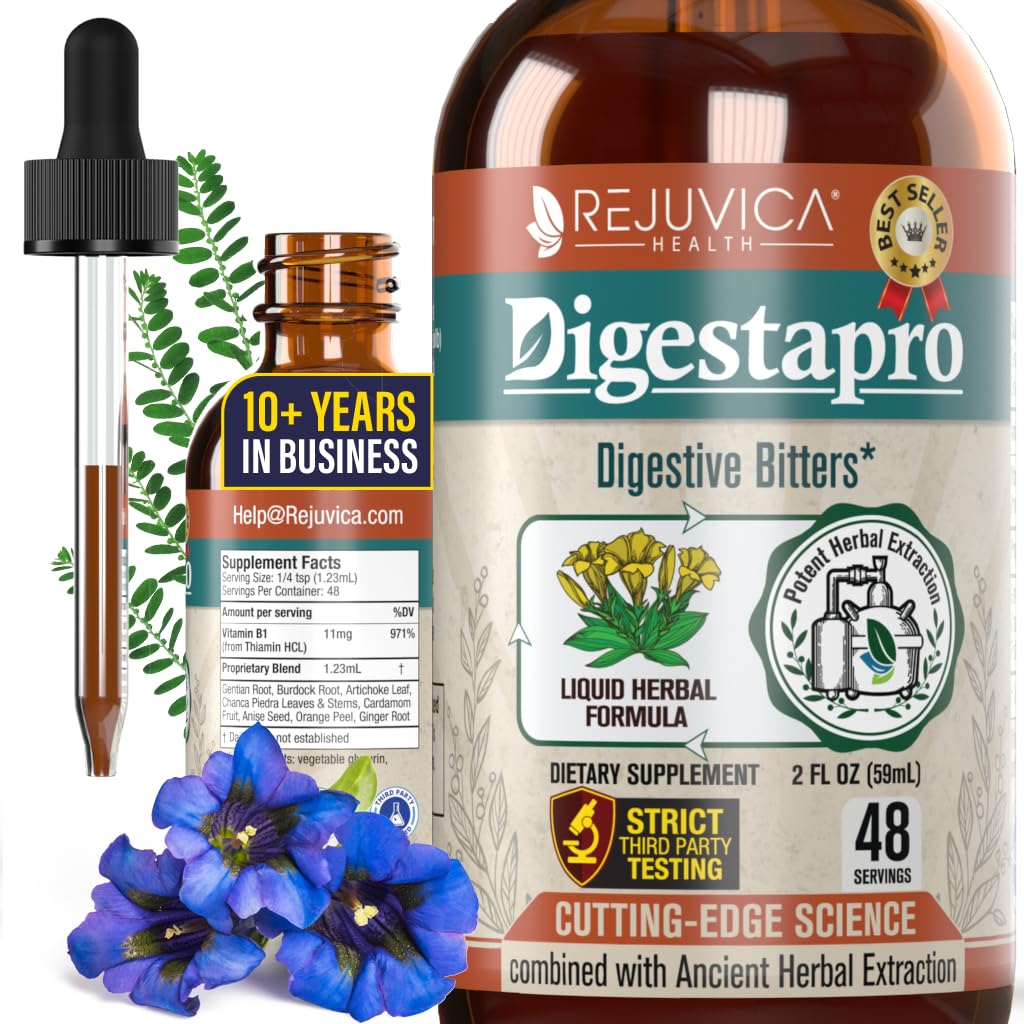 Rejuvica Health DigestaPro - Advanced Digestive Bitters Supplement - Liquid Delivery for Better Absorption - Gentian, Artichoke, Burdock, Chanca Piedra, Ginger & More!