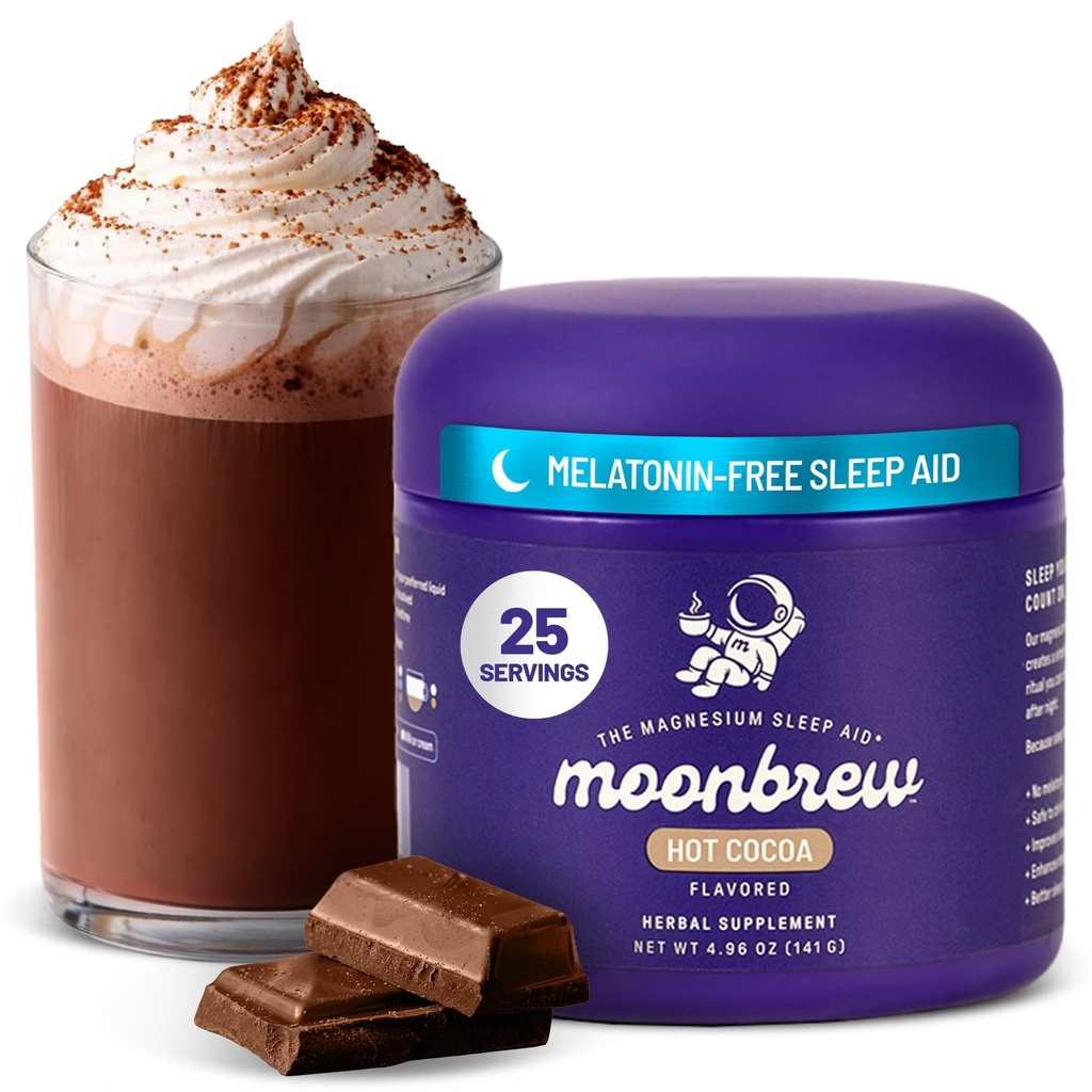 MoonBrew Magnesium Hot Cocoa Sleep Aid - Melatonin-Free Nighttime Drink Mix with Zinc Glycinate & Taurate - Sugar-Free Sleepy Hot Chocolate for Relaxation, Stress & Deep Rest - 25 Servings